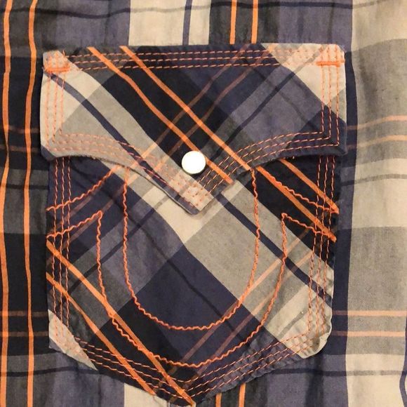 TRUE RELIGION Long Sleeve Navy Tan Orange Plaid Western Button Down Shirt 3XL - Picture 7 of 10
